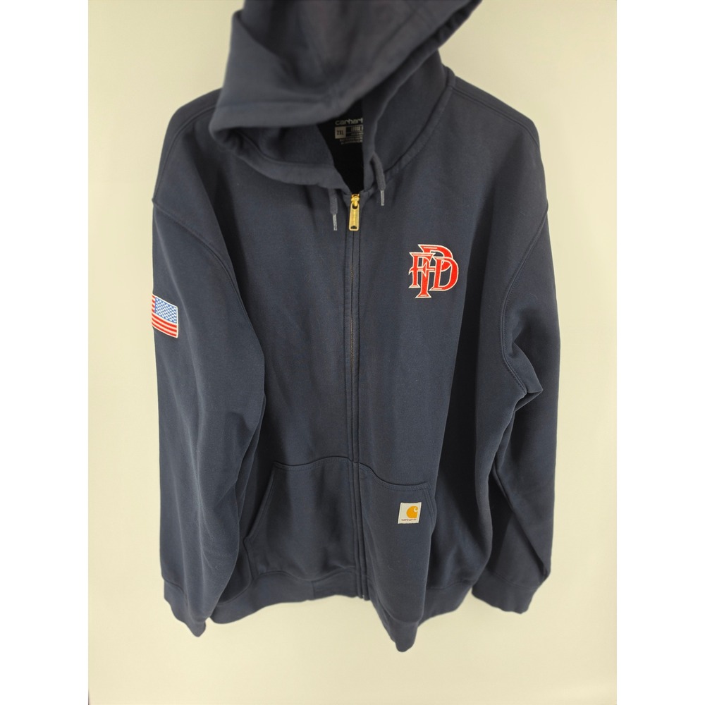 Carhartt Mens 2XL Loose Fit Full Zip Hoodie Navy Blue Fire Dept American Flag